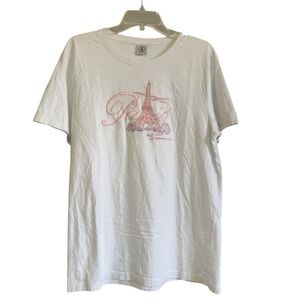 LYDA France Paris Eiffel Tower Embroidered White Cotton Tee Sleep Shirt Womens L